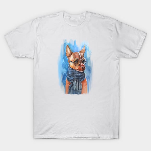 Smart Chihuahua dog with glasses, watercolor print. T-Shirt by kdegtiareva